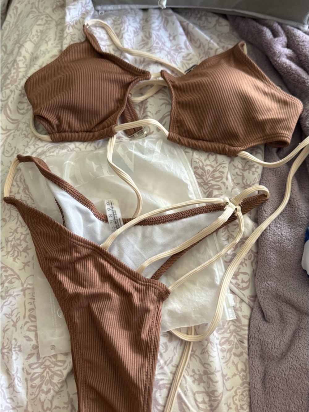Ribbed Brown Two-Piece Bikini with Cream Straps